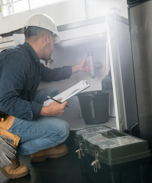 Plumber in Encinitas, CA repairing kitchen sink pipes.